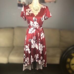 Floral Stretch Knit Hi-Lo Dress with tie waist